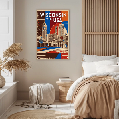 Wisconsin USA 1950s Urban Skyline Vintage Travel Poster
