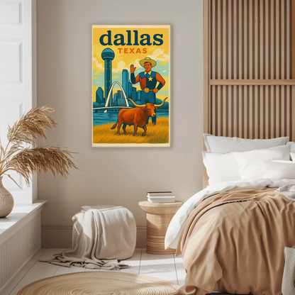 Dallas Cowboy Longhorn Skyline Bridge Sphere Vintage Travel Poster Wall Art