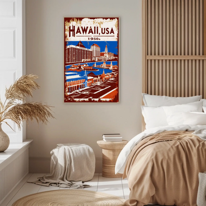 Hawaii USA 1950s Island Life Vintage Maroon Travel Poster