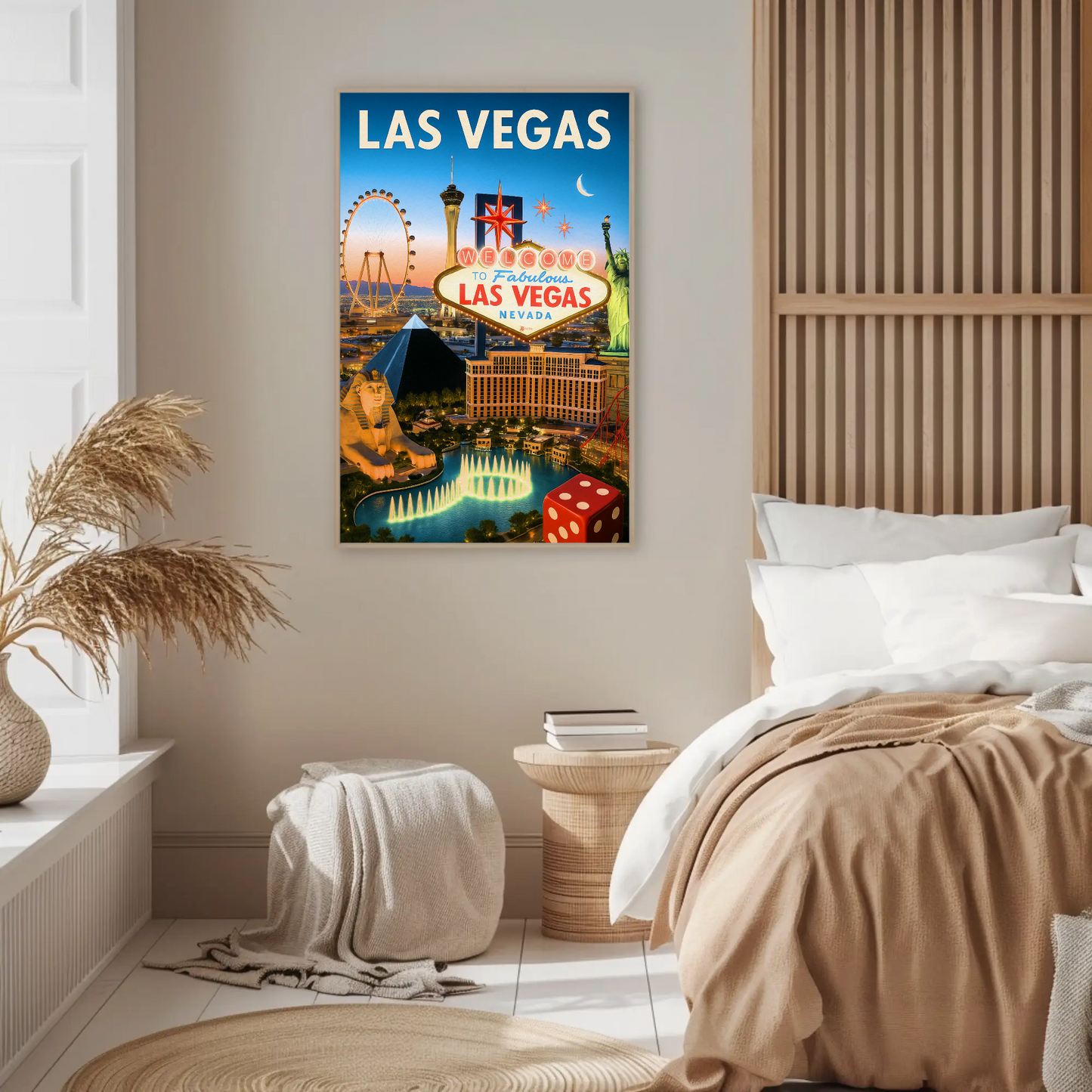 Las Vegas Iconic Landmarks Night Lights Vintage Travel Poster