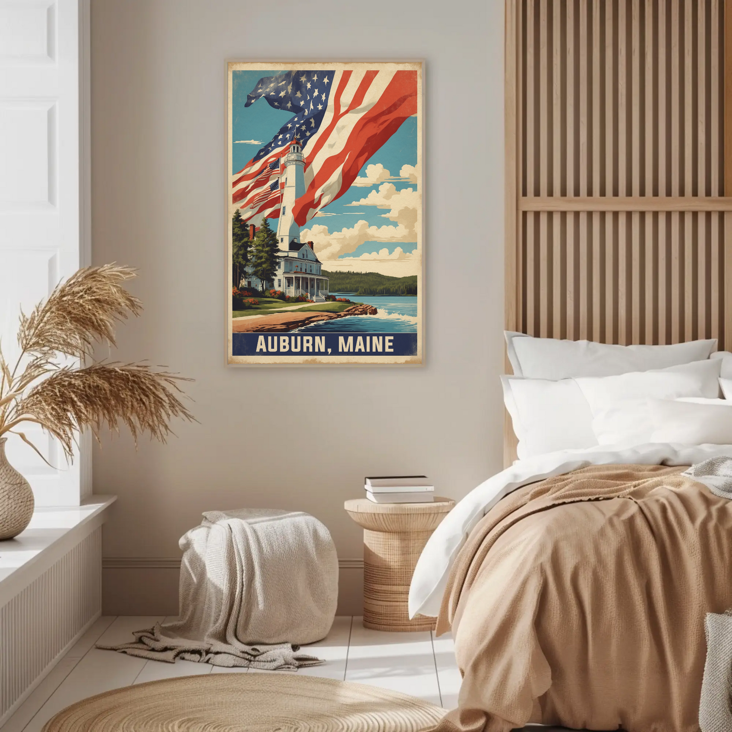 Auburn Maine Lighthouse Coastal Home Vintage Travel Poster