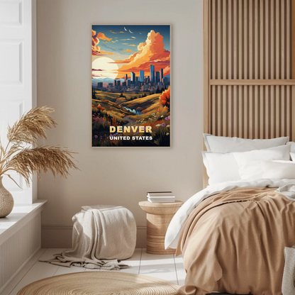 Denver Autumn Meadow Skyline Vintage Travel Poster
