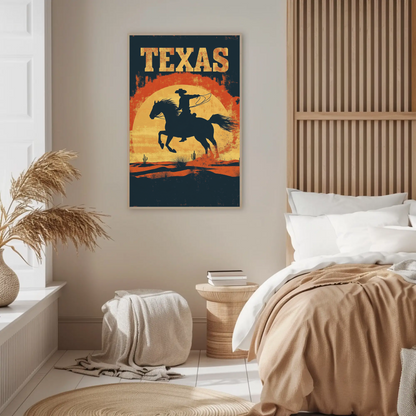 Texas Cowboy Sunset Vintage Travel Poster