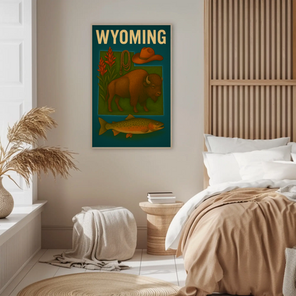 Wyoming Bison Fish Rope Hat Nature Vintage Travel Poster