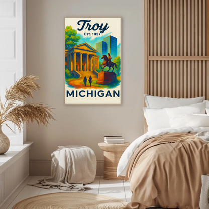 Troy Michigan City Hall Equestrian Statue Vintage Travel Poster