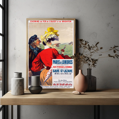 Paris To London Seaside View Couple Vintage Travel Poster