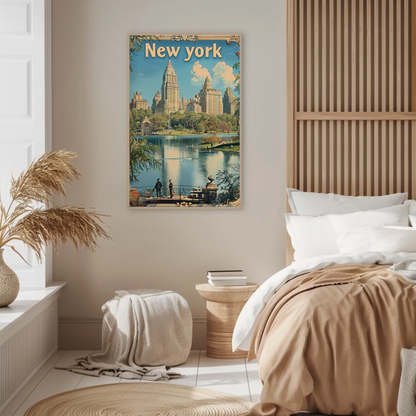New York Central Park Skyline Lake Vintage Travel Poster