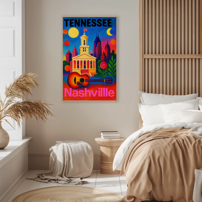 Tennessee Nashville Capitol Guitar Music City Vintage Travel Poster