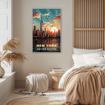 New York City Empire Sunset Reflection Vintage Travel Poster