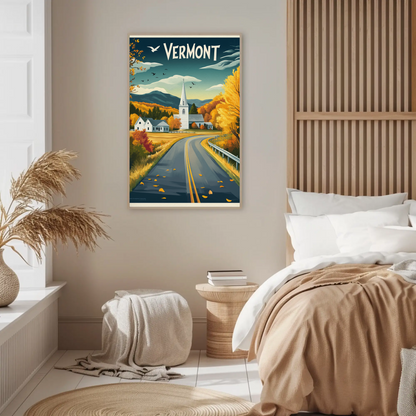 Vermont Vintage Poster - Autumn Road & Church