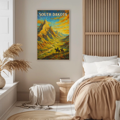 South Dakota Painted Cowboy Mountains Trail Vintage Travel Poster