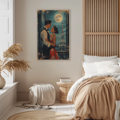 Romantic Couple Eiffel Tower Paris Moonlight Vintage Travel Poster