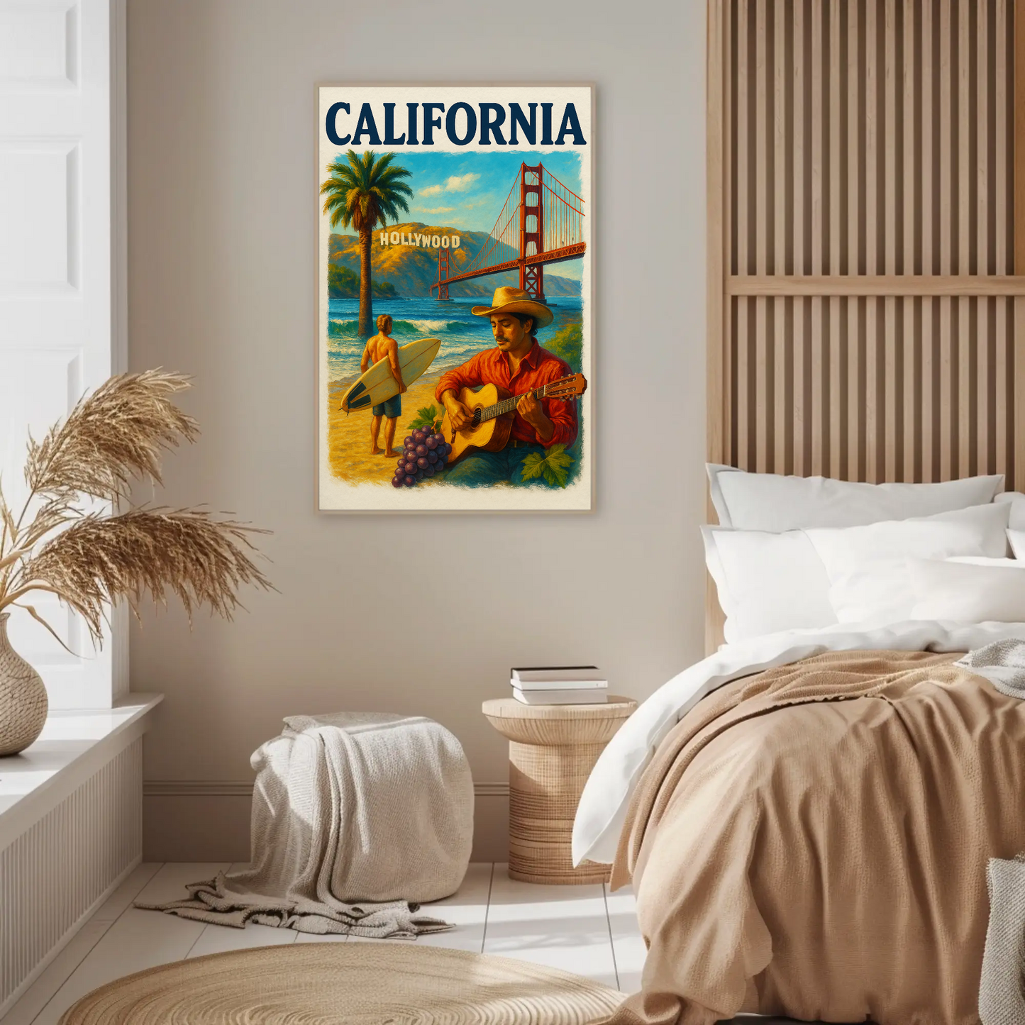 California Surfer Grapes Golden Gate Hollywood Vintage Travel Poster Wall Art