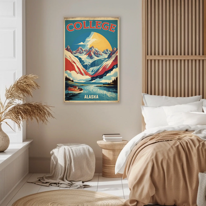 College Alaska Glacier Boat Mountains Sunset Vintage Travel Poster