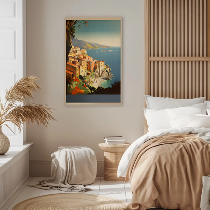 Italy Coastal Village Cliffs Blue Sea Vintage Travel Poster