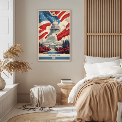 Washington D.C. Capitol American Flag Clouds Vintage Travel Poster