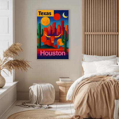 Texas Houston Longhorn Cactus Sunset Cityscape Vintage Travel Poster