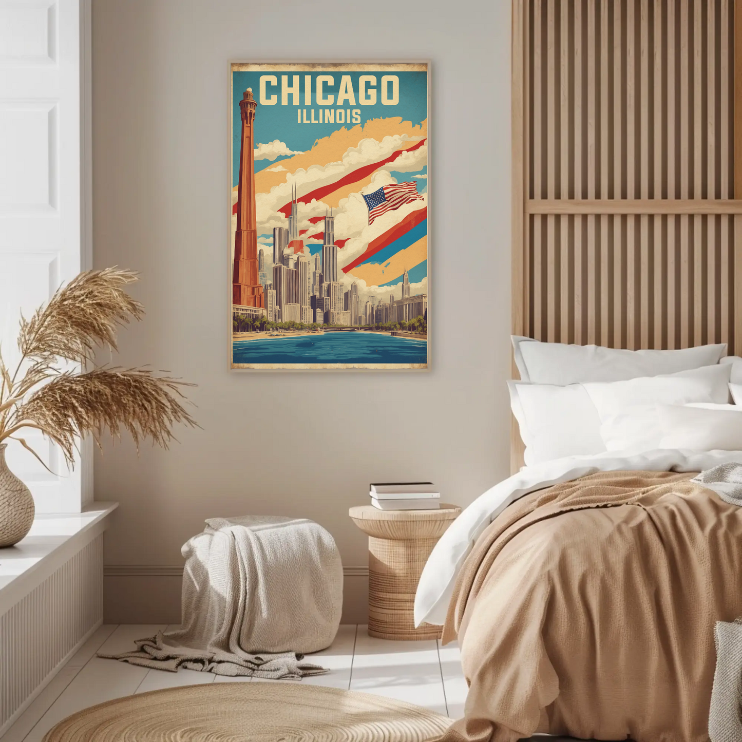 Chicago Illinois Skyline American Flag Cityscape Vintage Travel Poster