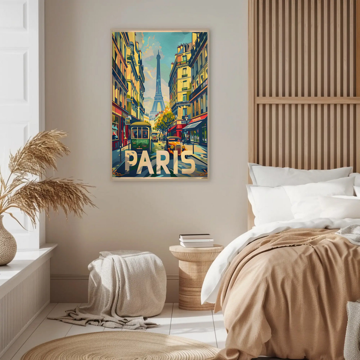 Vibrant Parisian Street Eiffel View Vintage Travel Poster