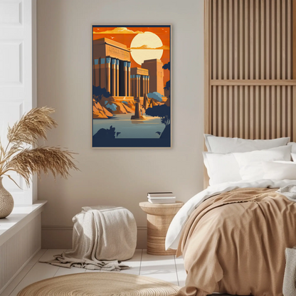 Egyptian Ruins Sunlit Columns River Vintage Travel Poster
