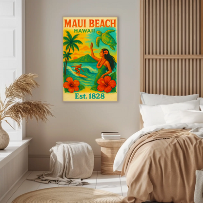 Maui Beach Hawaii Surf Dancer Est 1828 Vintage Travel Poster