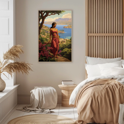 Mediterranean Woman Overlook Coastal Beauty Vintage Travel Poster