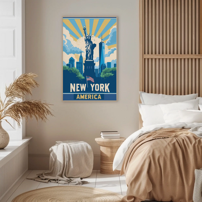New York America Skyline Liberty Sunrise Vintage Travel Poster