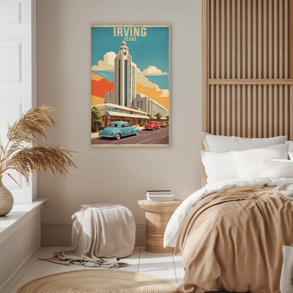 Irving Texas Art Deco Building Cars Retro Vintage Travel Poster
