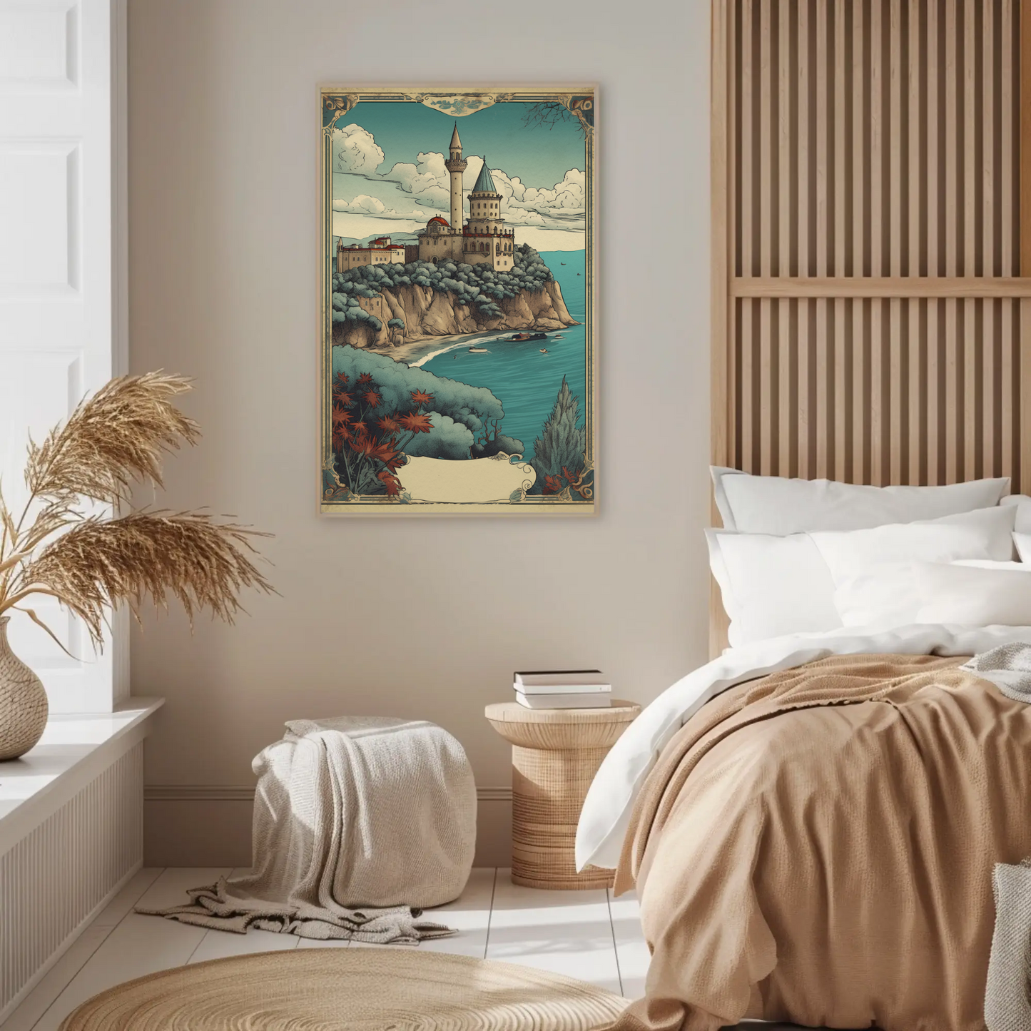 Cliffside Seaside Fortress Vintage Travel Poster