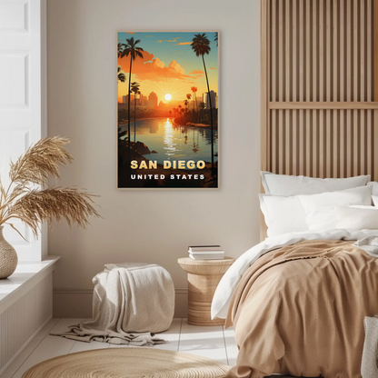 San Diego California Coastline Sunset Palms Vintage Travel Poster
