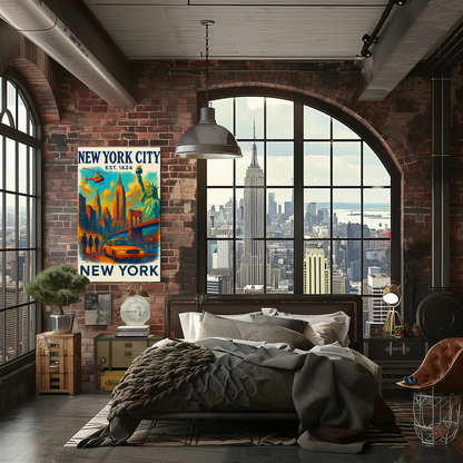 New York City Skyline Taxi Liberty Vintage Travel Poster