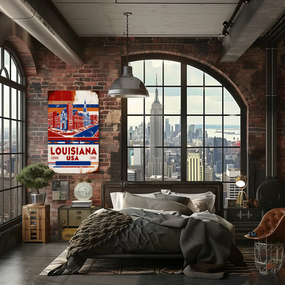 Louisiana USA French Quarter Street Vintage Maroon Travel Poster