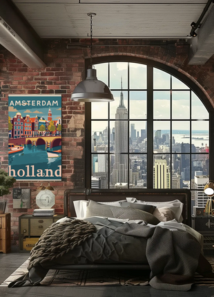 Amsterdam Holland Autumn Canal Houses Vintage Travel Poster
