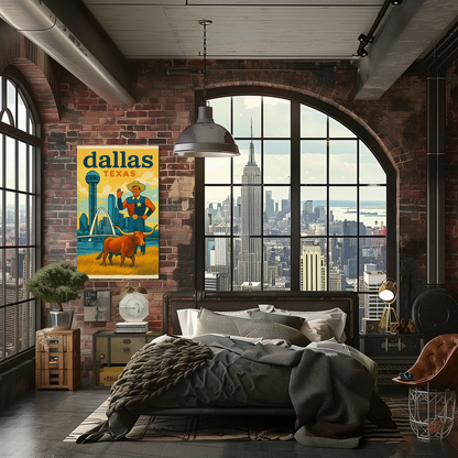 Dallas Cowboy Longhorn Skyline Bridge Sphere Vintage Travel Poster Wall Art
