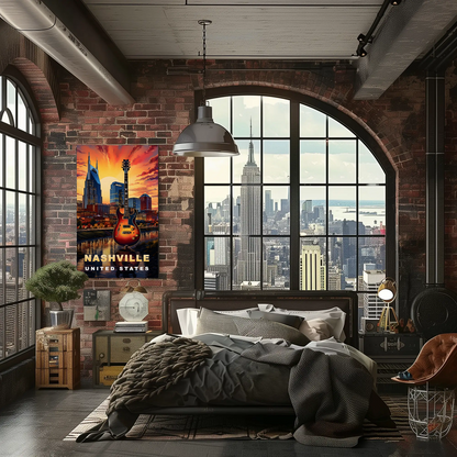 Nashville Tennessee Guitar Sunset Skyline Vintage Travel Poster
