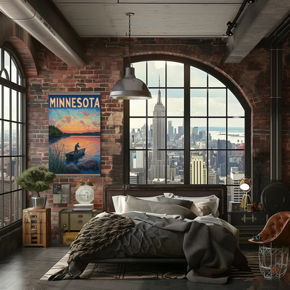 Minnesota Sunset Fishing Vintage Poster