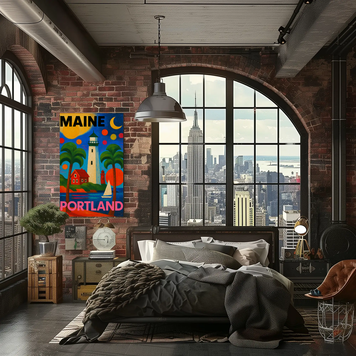 Maine Portland Lighthouse Sailboats Palms Vintage Travel Poster