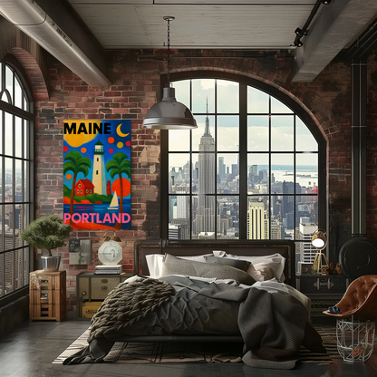 Maine Portland Lighthouse Sailboats Palms Vintage Travel Poster