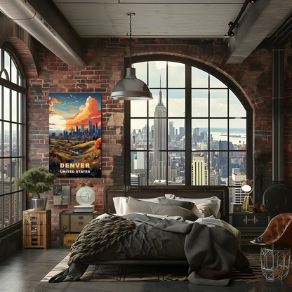 Denver Autumn Meadow Skyline Vintage Travel Poster