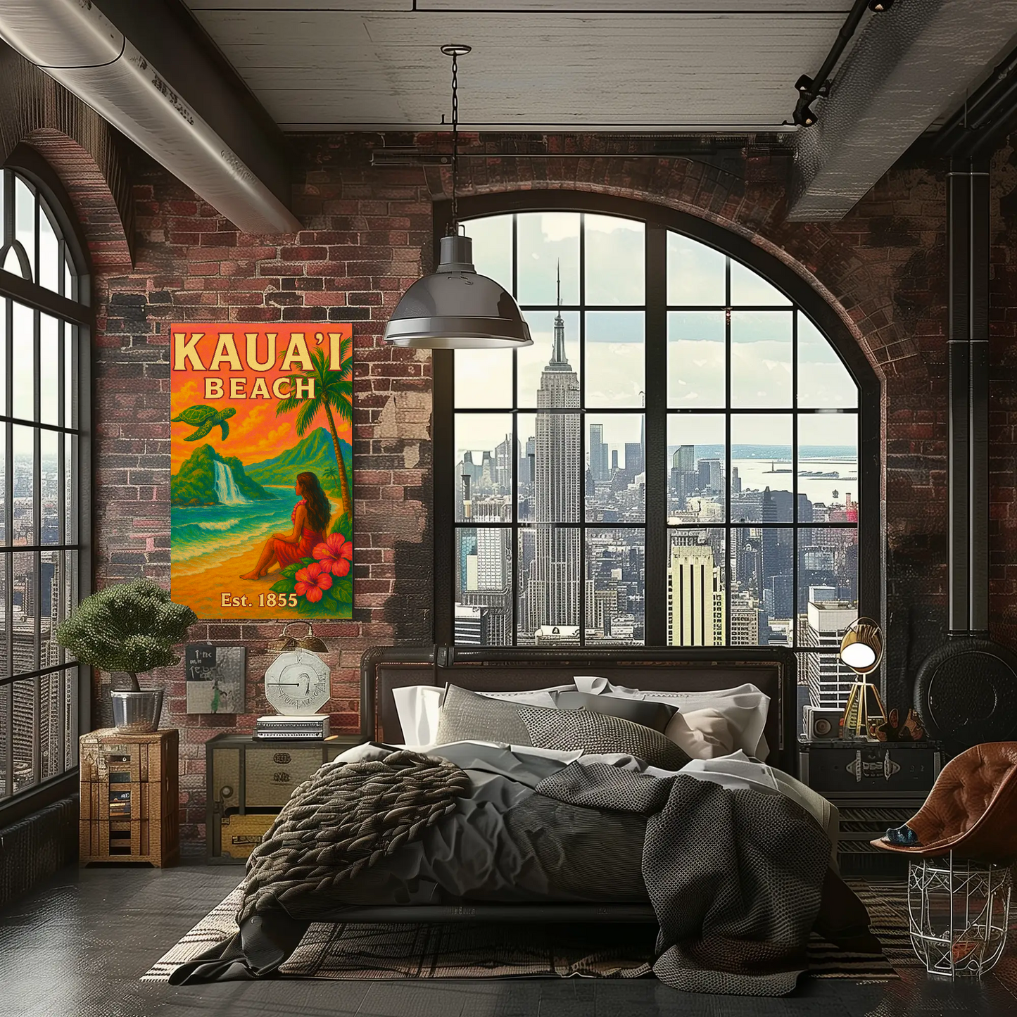 Kauai Beach Hawaii Waterfall Turtle Est 1855 Vintage Travel Poster