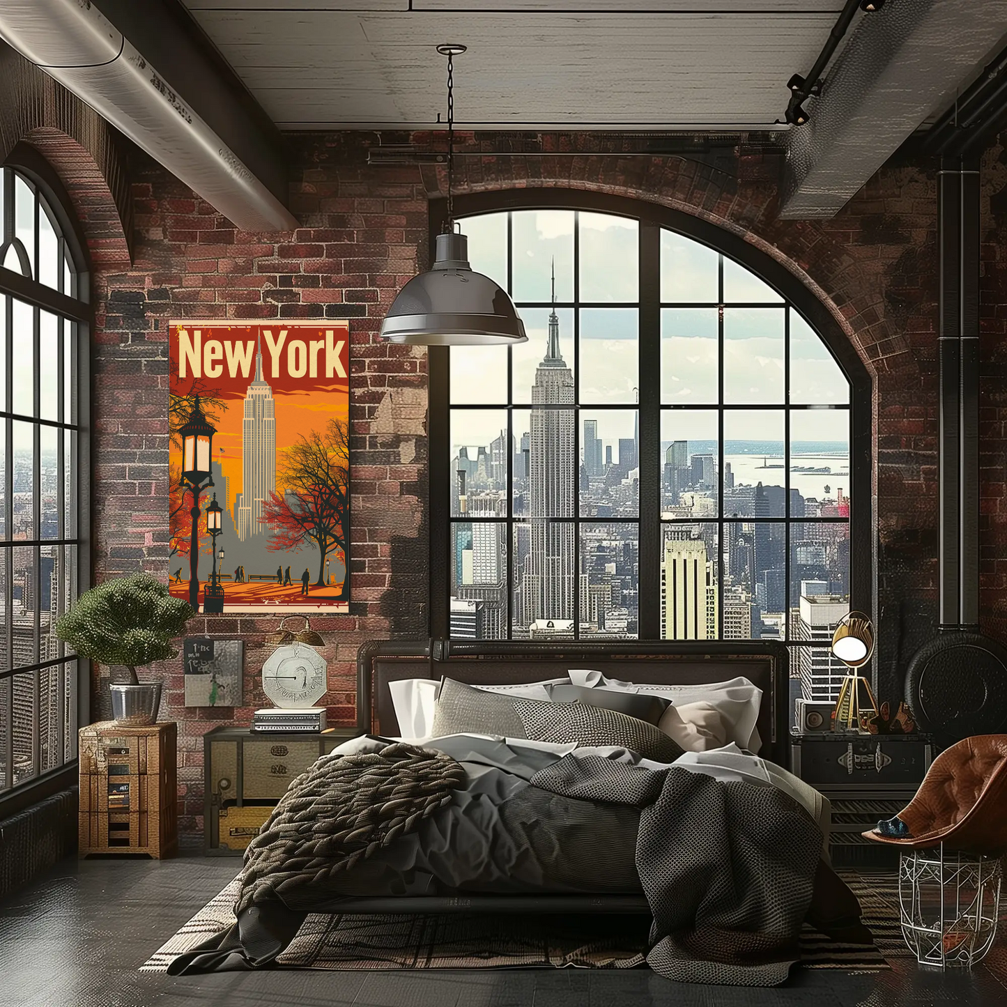 New York Orange Sky Autumn Cityscape Vintage Travel Poster