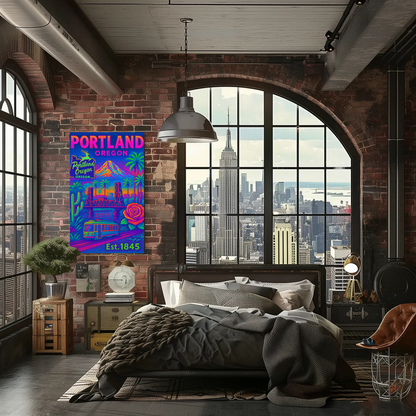 Portland Oregon Rose Bridge Mountain Vintage Travel Poster