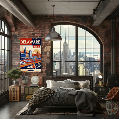 Delaware Waterfront Skyline Retro USA Vintage Maroon Travel Poster