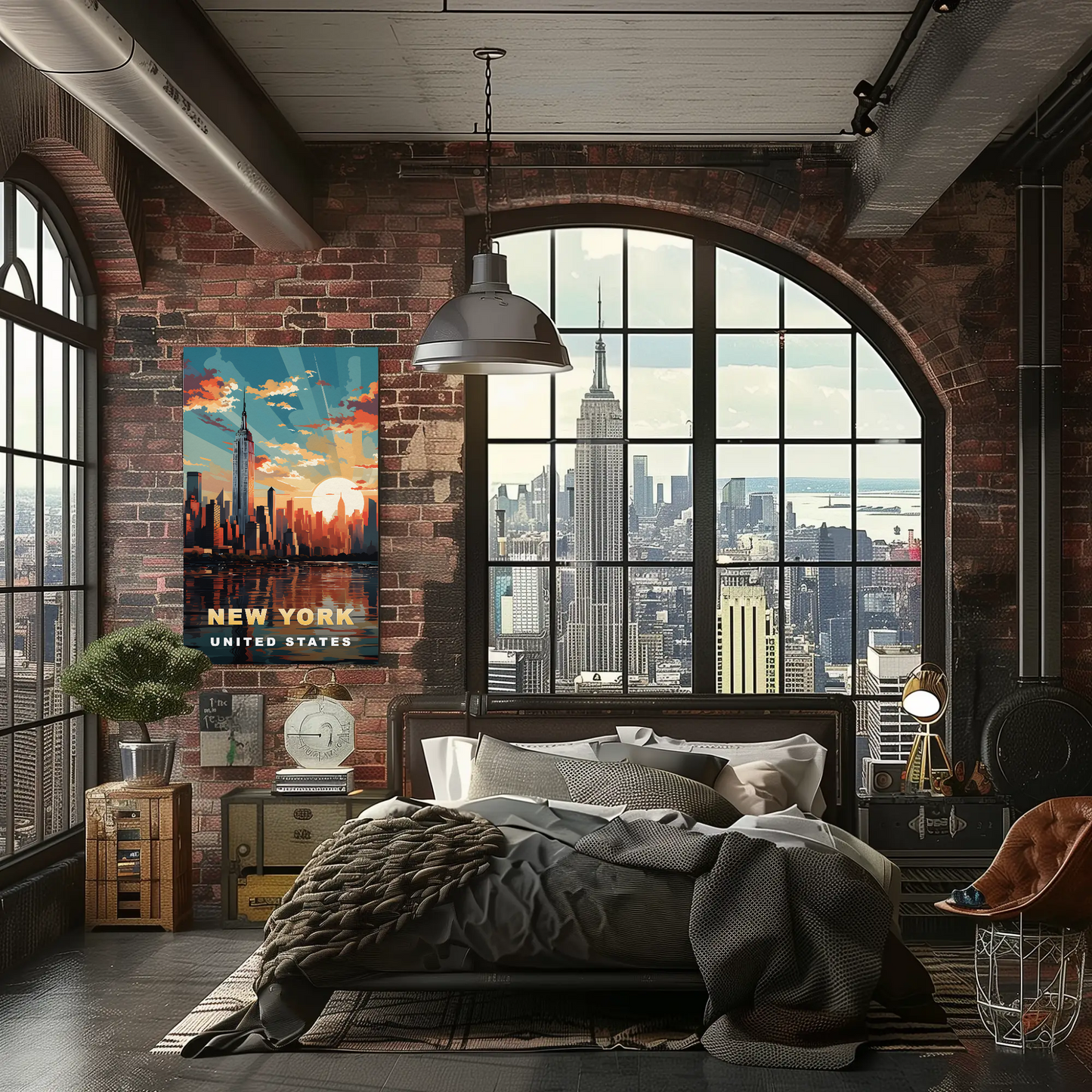 New York City Empire Sunset Reflection Vintage Travel Poster