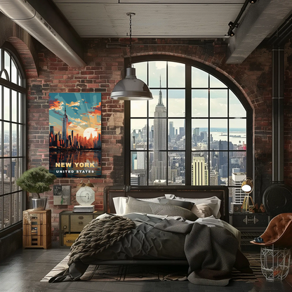 New York City Empire Sunset Reflection Vintage Travel Poster