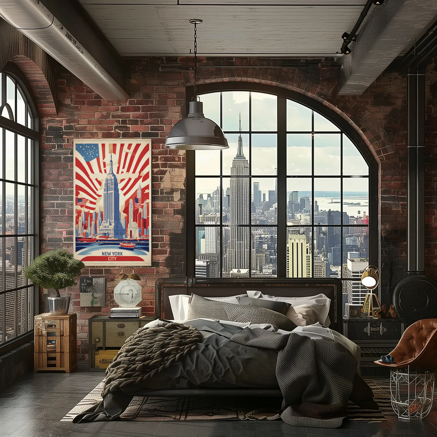 New York Empire Skyline Flags Vintage Travel Poster