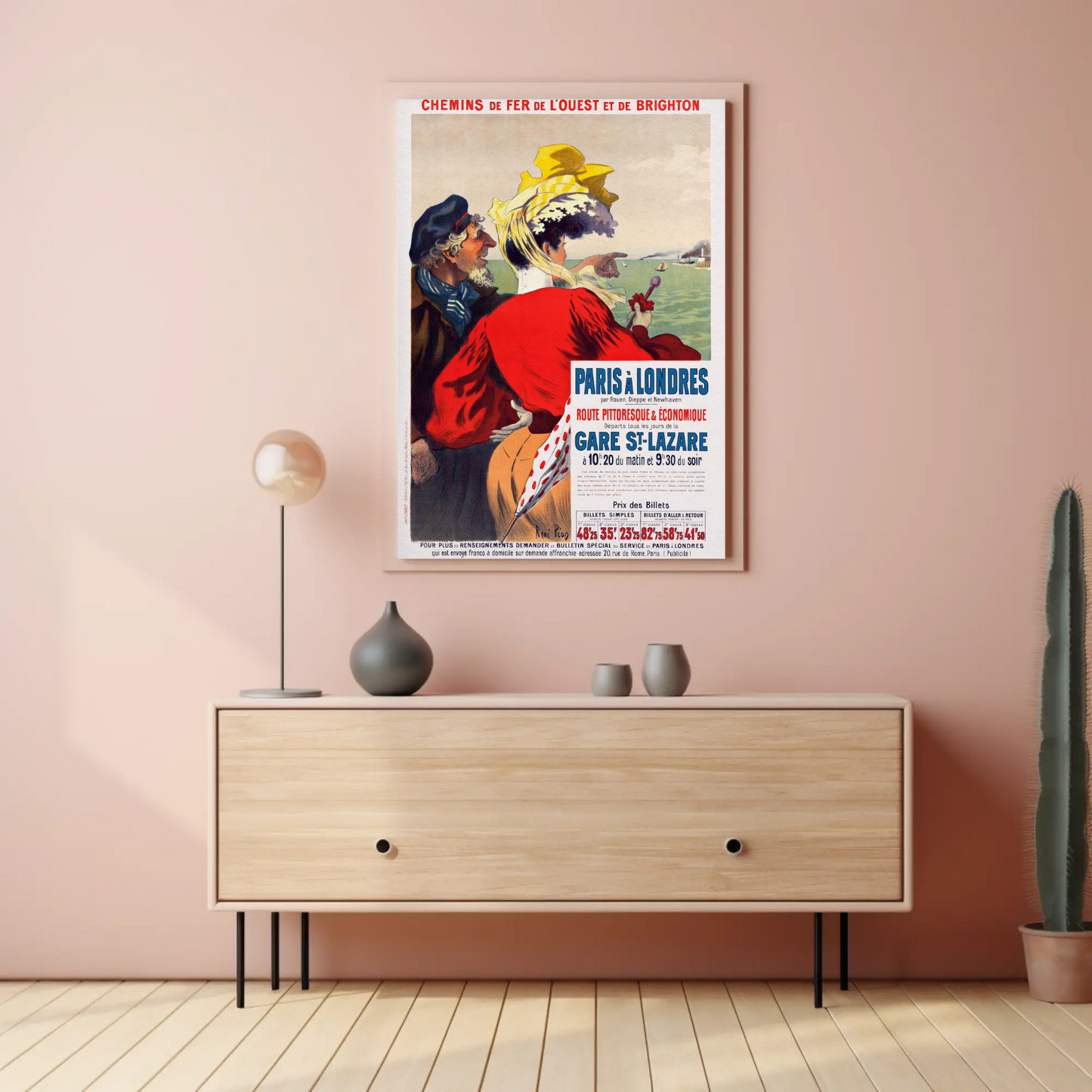 Paris To London Seaside View Couple Vintage Travel Poster