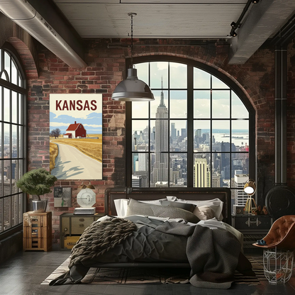 Kansas Barn Roadscape Vintage Poster