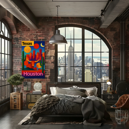 Texas Houston Longhorn Cactus Sunset Cityscape Vintage Travel Poster