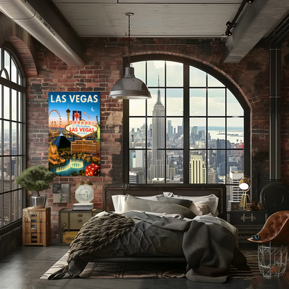 Las Vegas Iconic Landmarks Night Lights Vintage Travel Poster